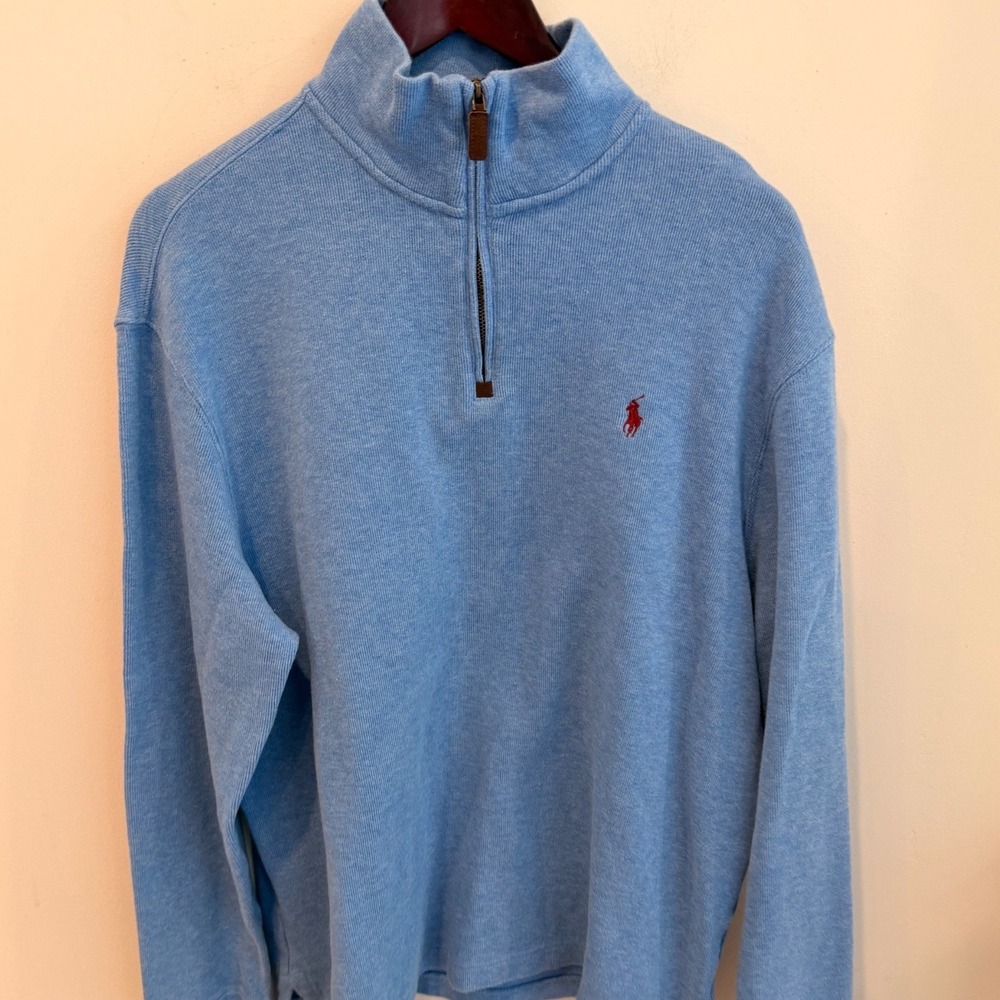 Polo Ralph‎ Lauren Mens XL Blue Quarter Zip Pullover Sweater Maroon Pony Logo